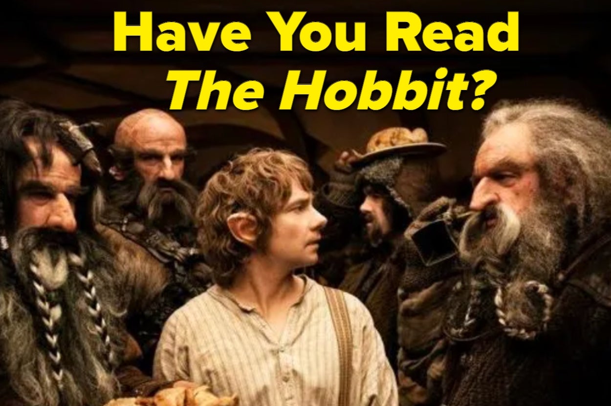 A young person surrounded by several bearded individuals, with text asking, "Have You Read The Hobbit?"