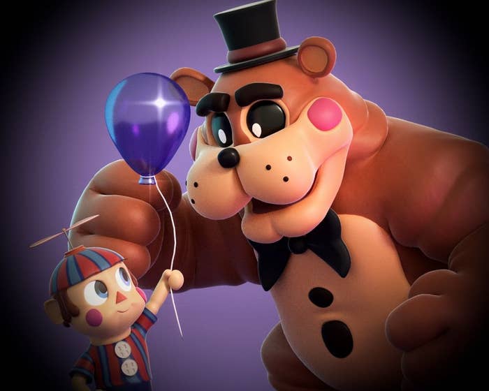 Animación de un pequeño payaso con globo junto a un oso vestido de manera elegante con sombrero de copa y pajarita