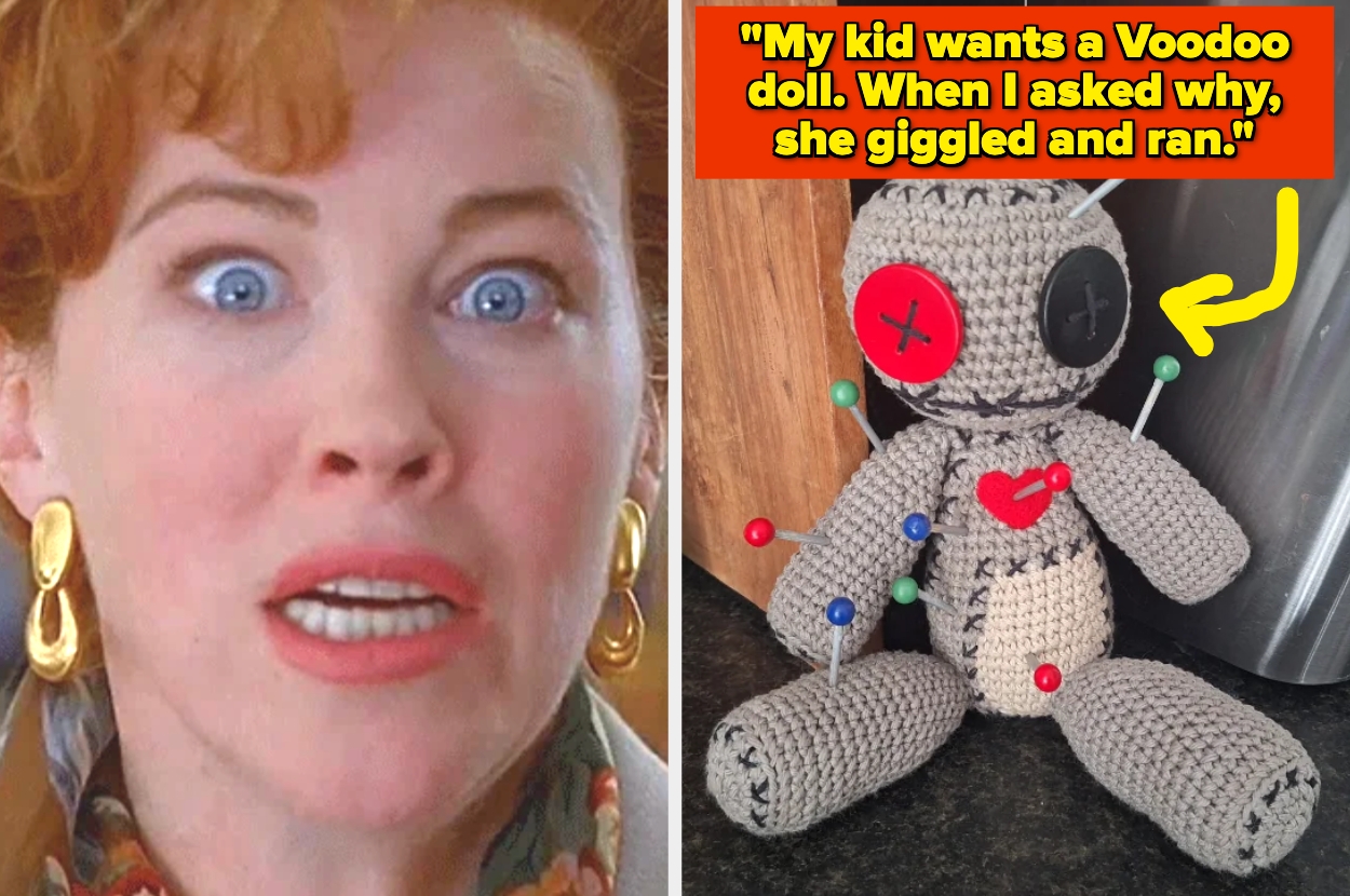 A surprised woman reacts next to an image of a crochet voodoo doll with colorful pins. Caption: "My kid wants a Voodoo doll...she giggled and ran."