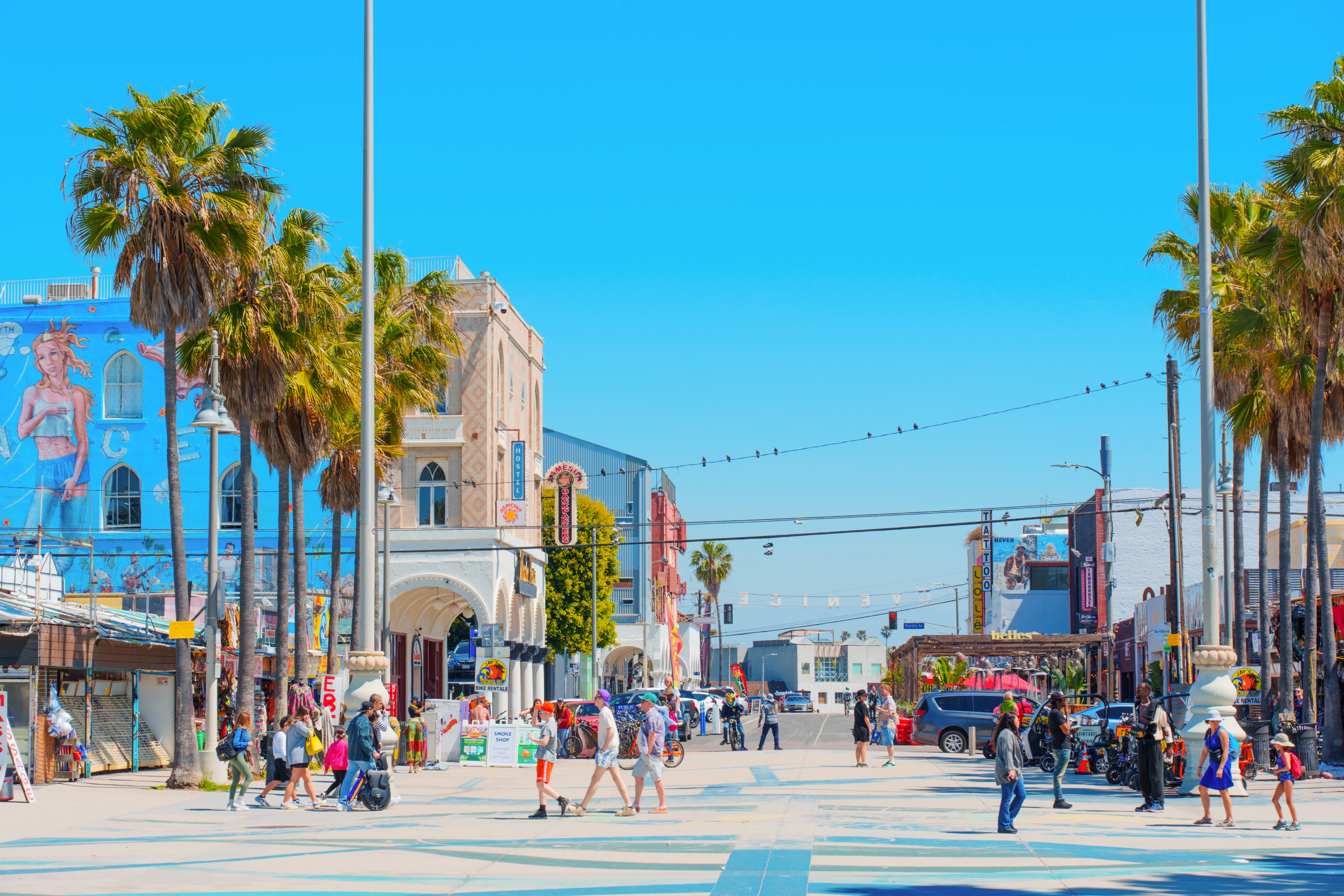 Bustling Venice Beach boardwalk country with thenar trees, radical walking, biking, and enjoying the sunny day. Murals and shops enactment the street