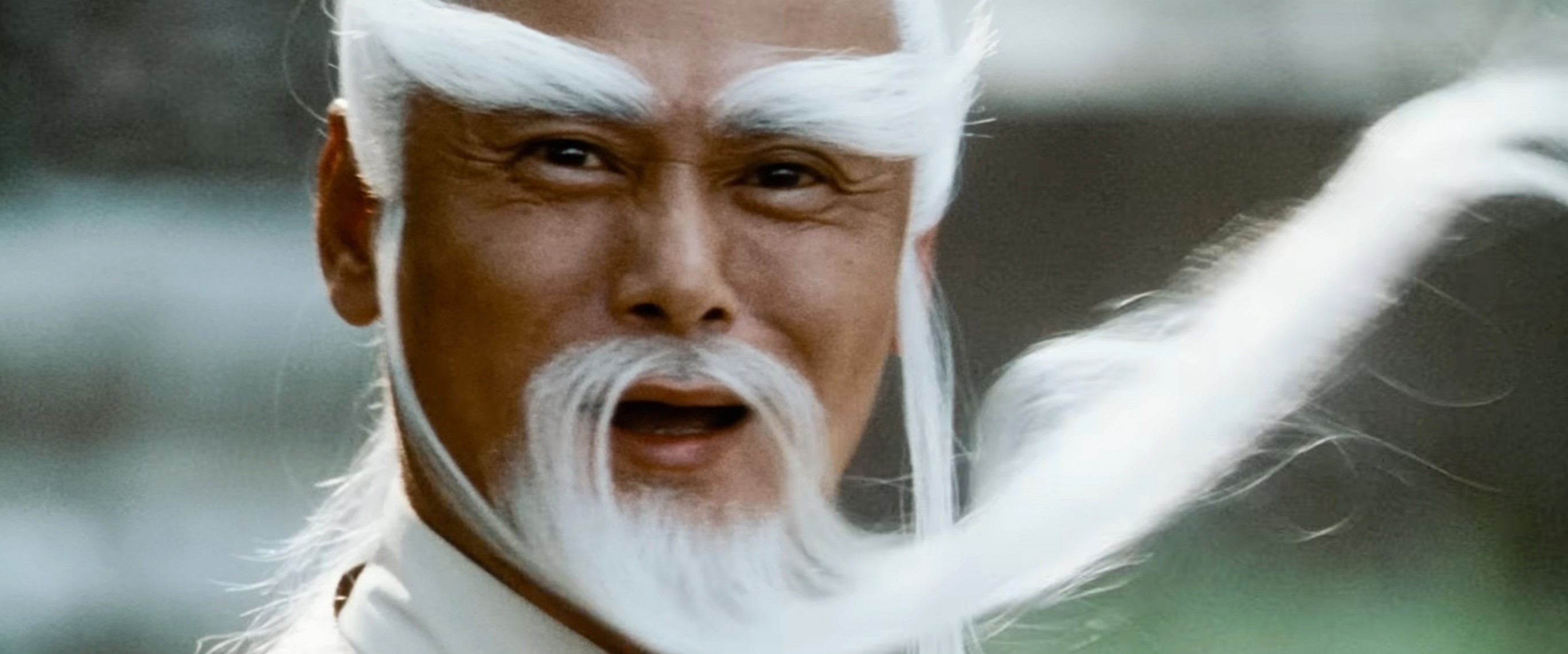 A person with long facial hair and eyebrows styled sharply, possibly from a film or costume context, conveying a dramatic expression