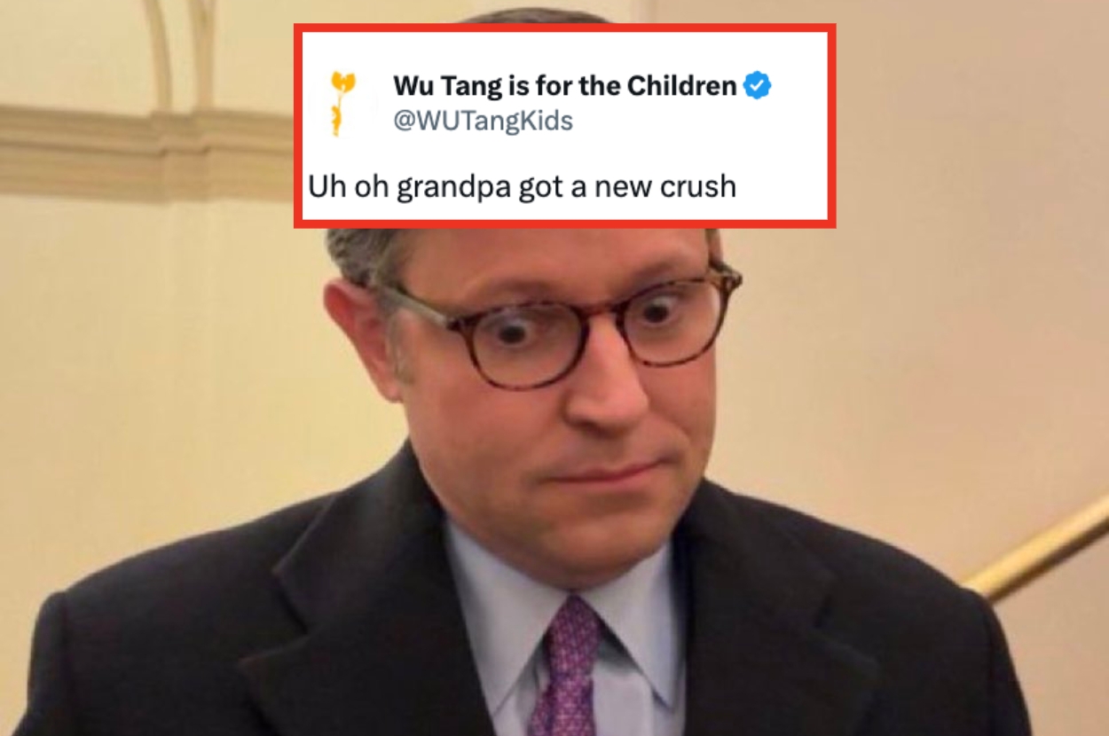 Man in glasses looks surprised, with a humorous tweet above saying, "Uh oh grandpa got a new crush," tagged from "Wu Tang is for the Children."