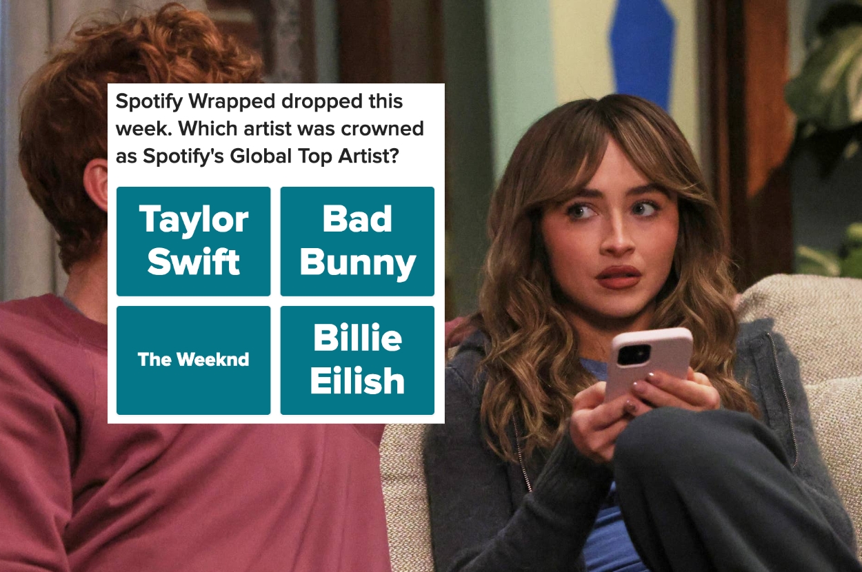 Woman on a couch looks surprised while holding a phone. Text asks which artist is Spotify's Global Top Artist: Taylor Swift, Bad Bunny, The Weeknd, Billie Eilish