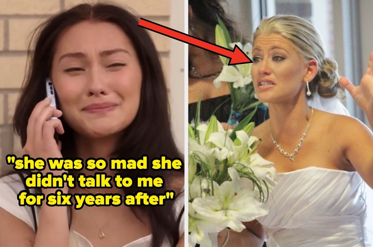 Two women in wedding attire; one is on the phone crying, and the other is gesturing, holding flowers. An arrow and text suggest a dramatic moment