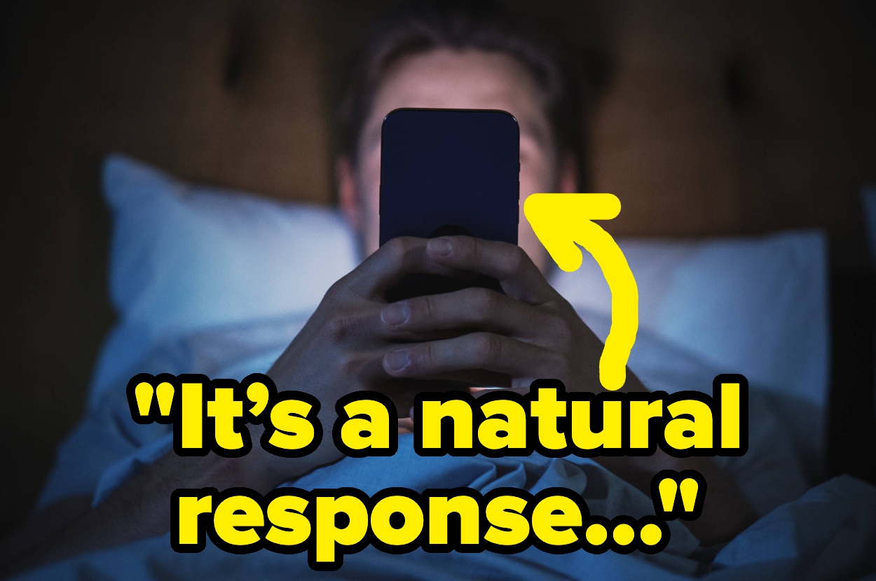 Person lying in bed using a phone, large text reads: "It's a natural response..."
