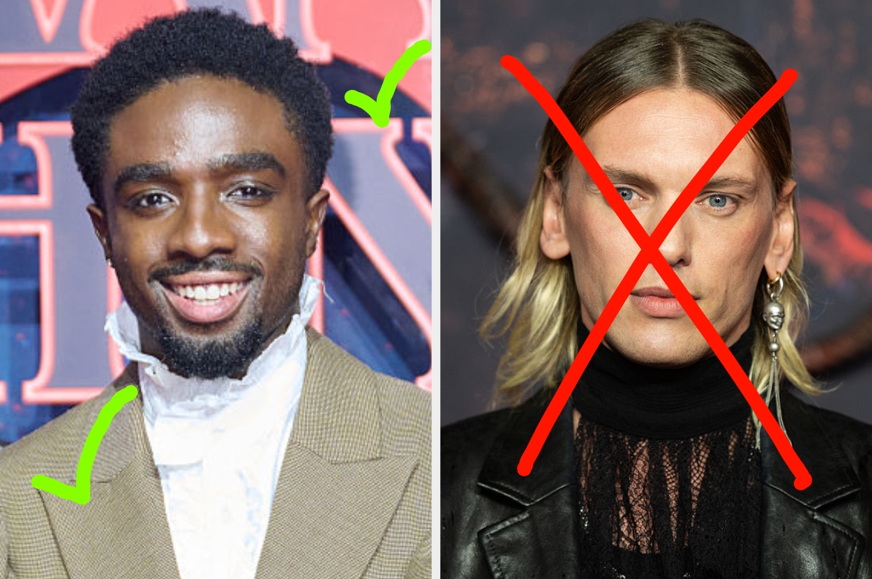 Two individuals side by side; left figure wears a suit with a high collar, smiling, marked with a green check. Right figure is crossed out