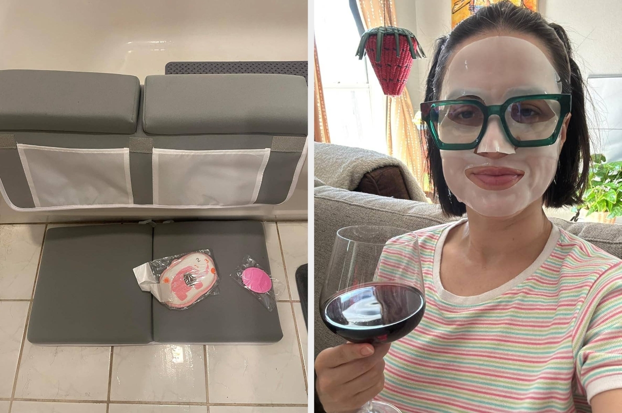 Left: Bath kneeler and organizer in a bathroom. Right: Person wearing a facial sheet mask and glasses, holding a glass of red wine on a couch