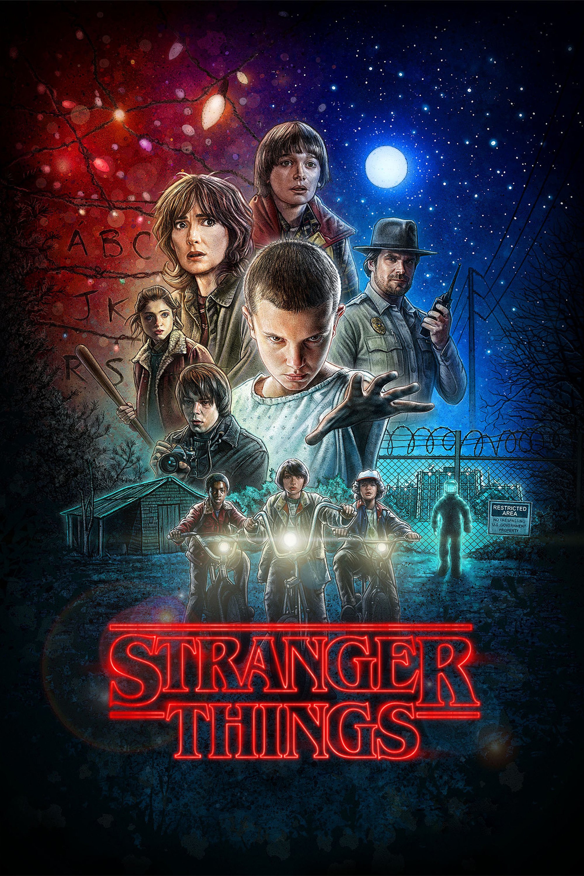 Poster of "Stranger Things" highlights main characters facing mystery, including a supernatural girl and a police chief, set against an eerie backdrop