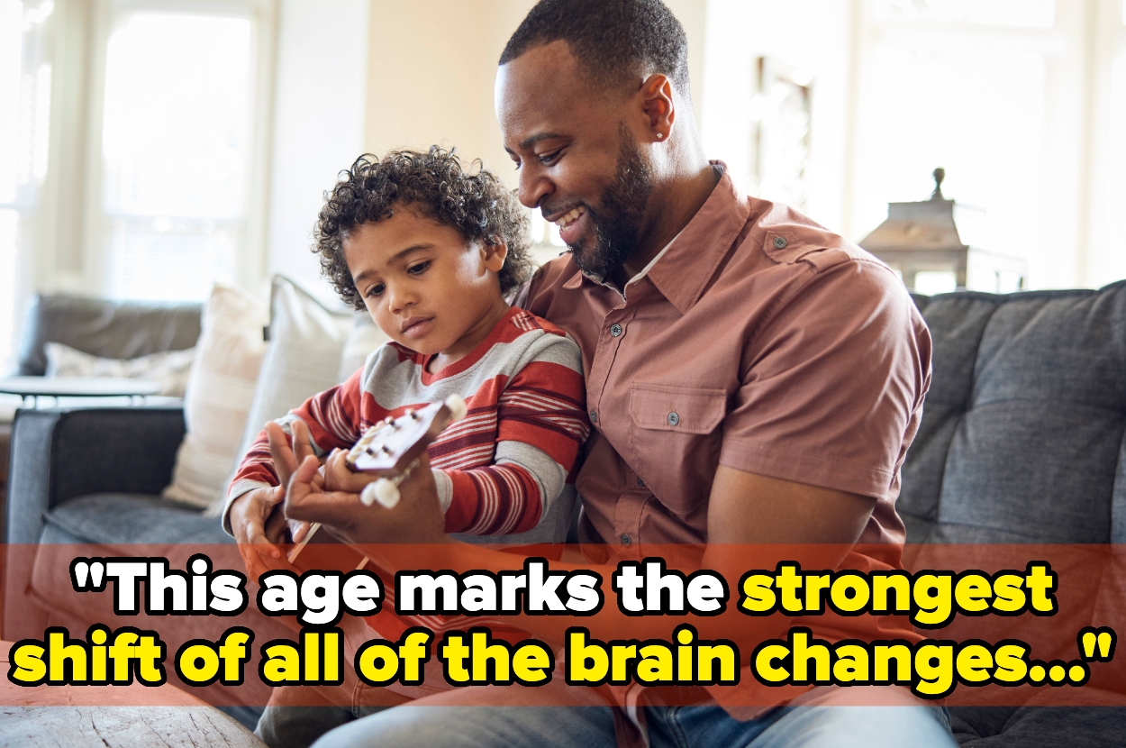 A father and son sit together on a couch, playing guitar. Text reads: "This age marks the strongest shift of all the brain changes..."