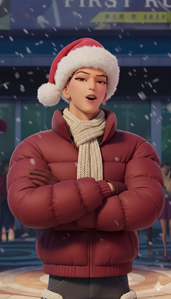 Personaje animado con chaqueta acolchada y gorro de Navidad posando con una bufanda