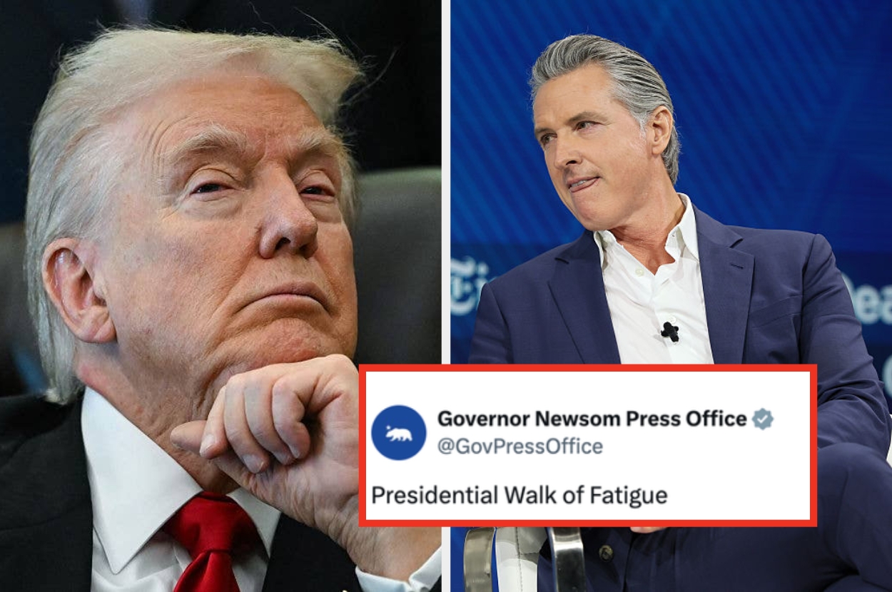 Man in suit sitting thoughtfully; another man in a suit speaking on stage. Tweet from Governor Newsom's account: "Presidential Walk of Fatigue."