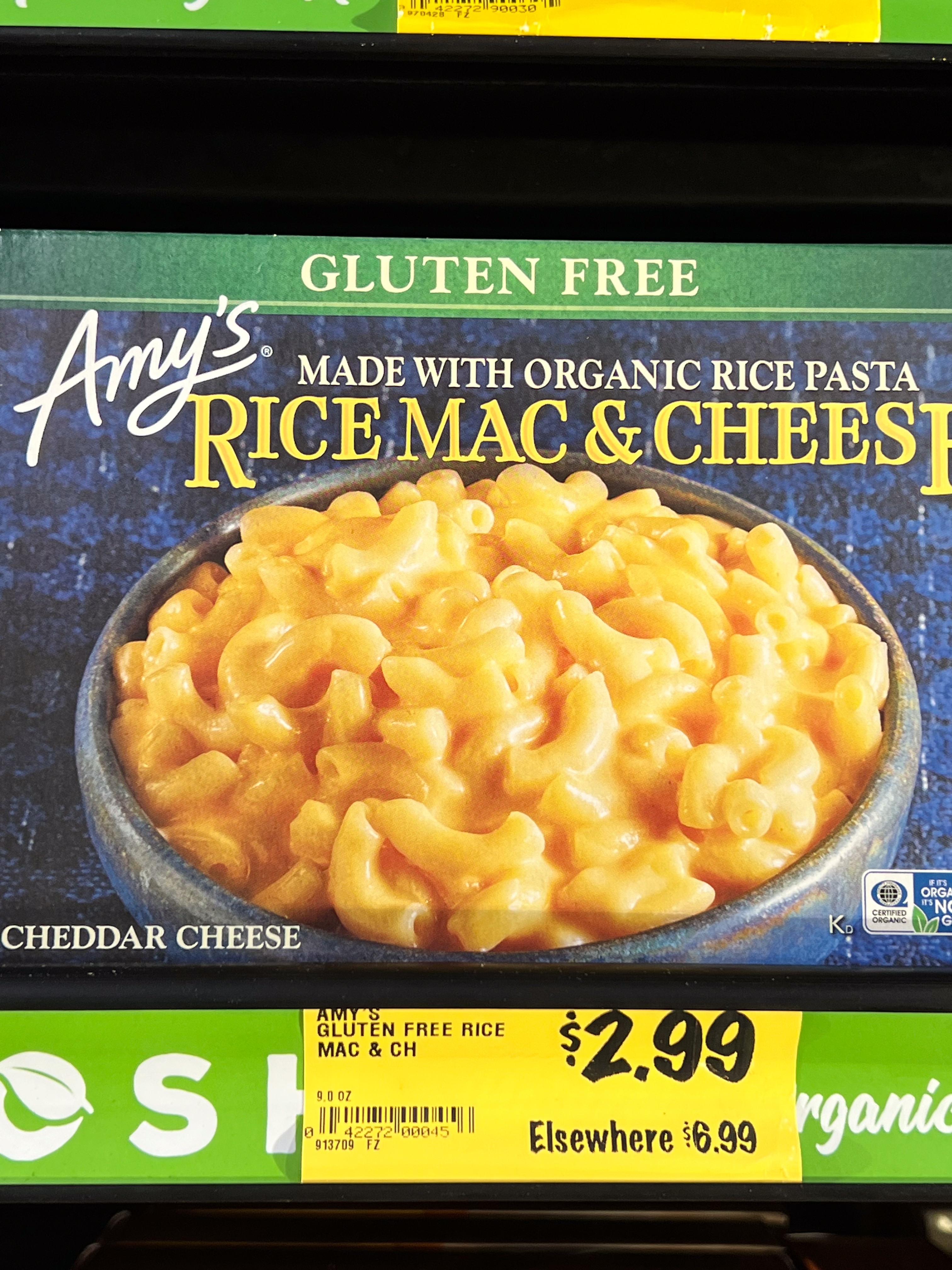 Amy's Gluten Free Rice Mac & Cheese packaging with a disposable $2.99 terms tag