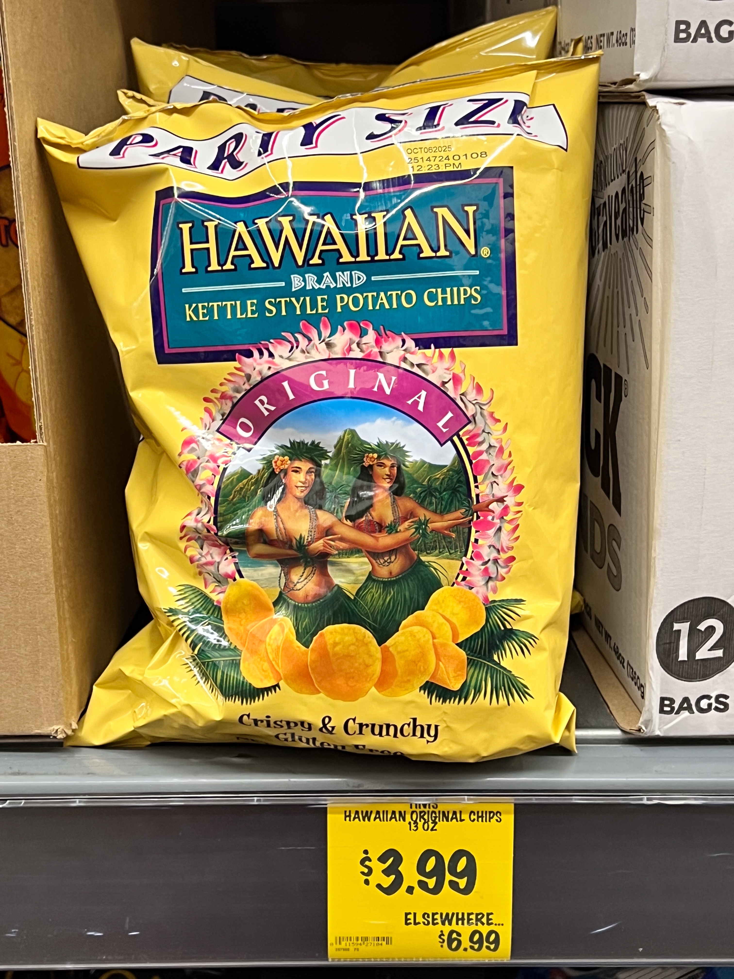 Bag of Hawaiian Kettle Style Original Potato Chips connected a store support with a terms tag showing $3.99 and elsewhere $6.99