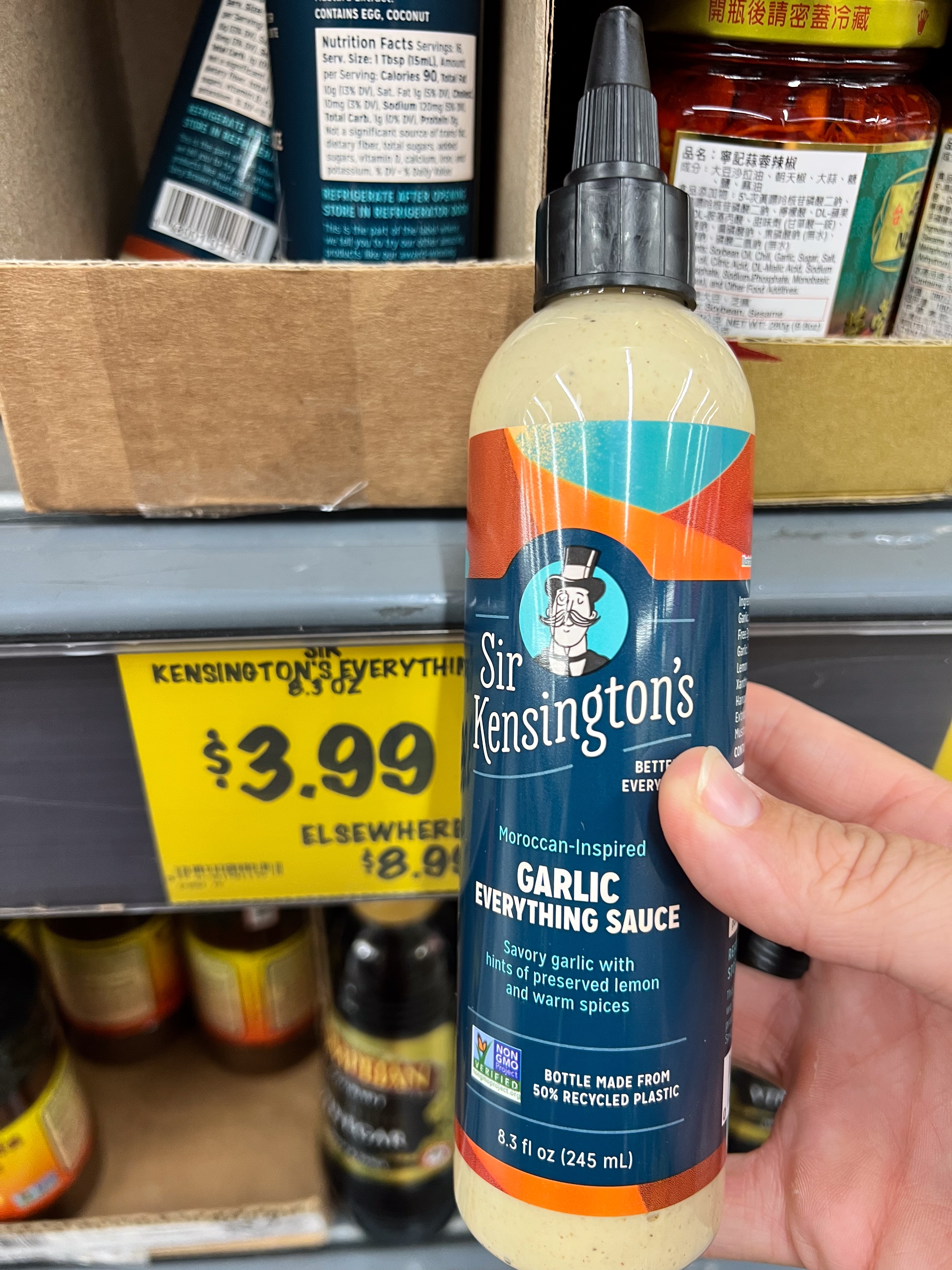 Sir Kensington's Garlic Everything Sauce bottle. Moroccan-inspired, savory ail with preserved lemon, lukewarm spices. Priced astatine $3.99