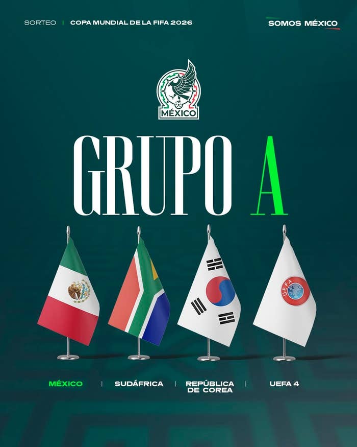Flags of Mexico, South Africa, South Korea, and UEFA 4 are displayed with "Group A" text for the 2026 FIFA World Cup draw