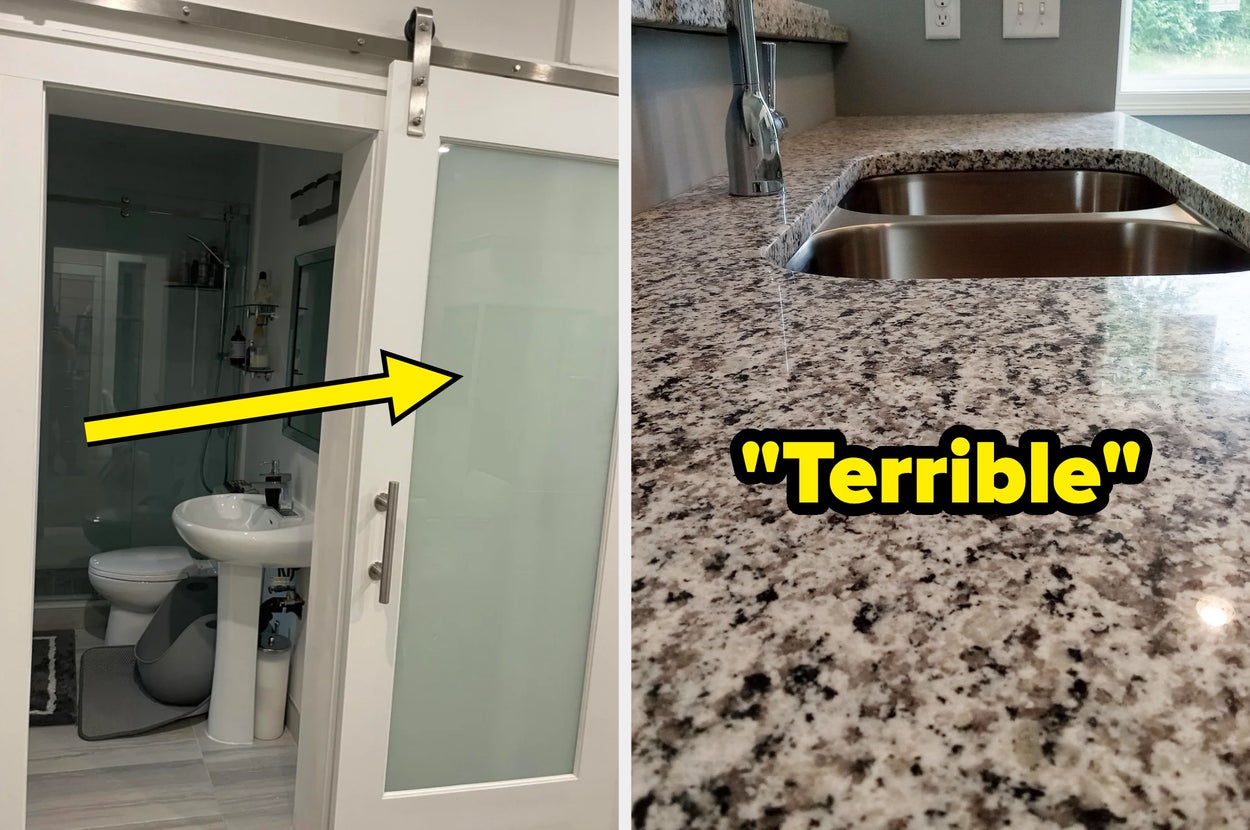 A sliding bathroom door next to a granite kitchen countertop layout with a "Terrible" label indicating awkward design