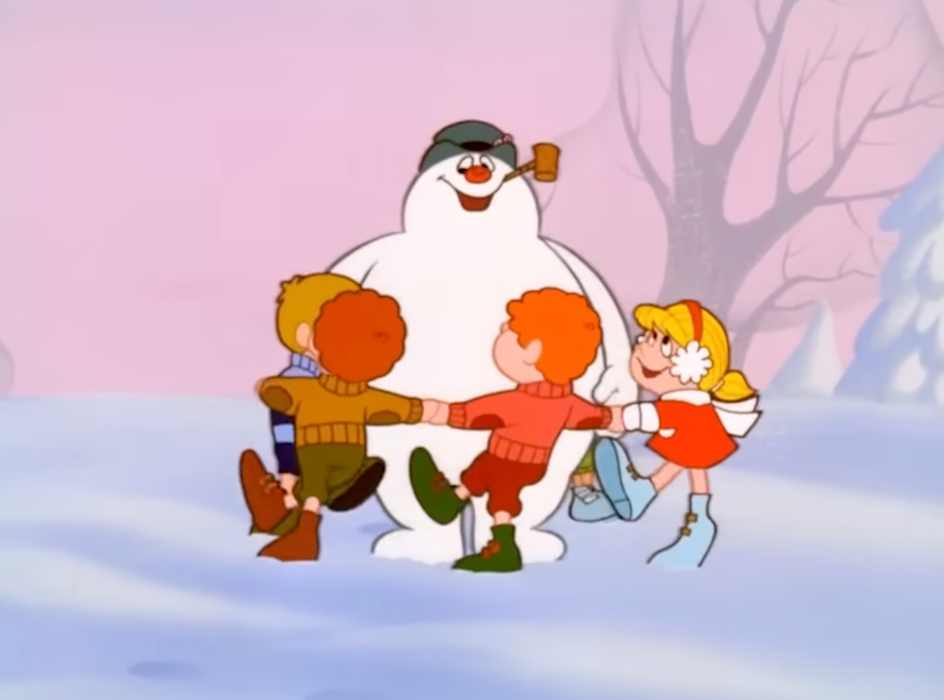 Frosty the Snowman with a tube  and hat, holds hands with 3  children and a miss  successful  wintertime  attire, dancing successful  the snow