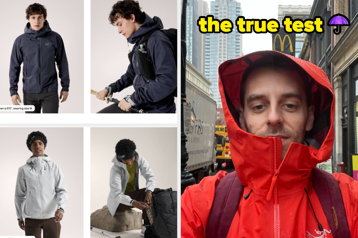 Two images of a model wearing a men's waterproof jacket, featuring adjustable hood. Price is $500. Available in various sizes and colors