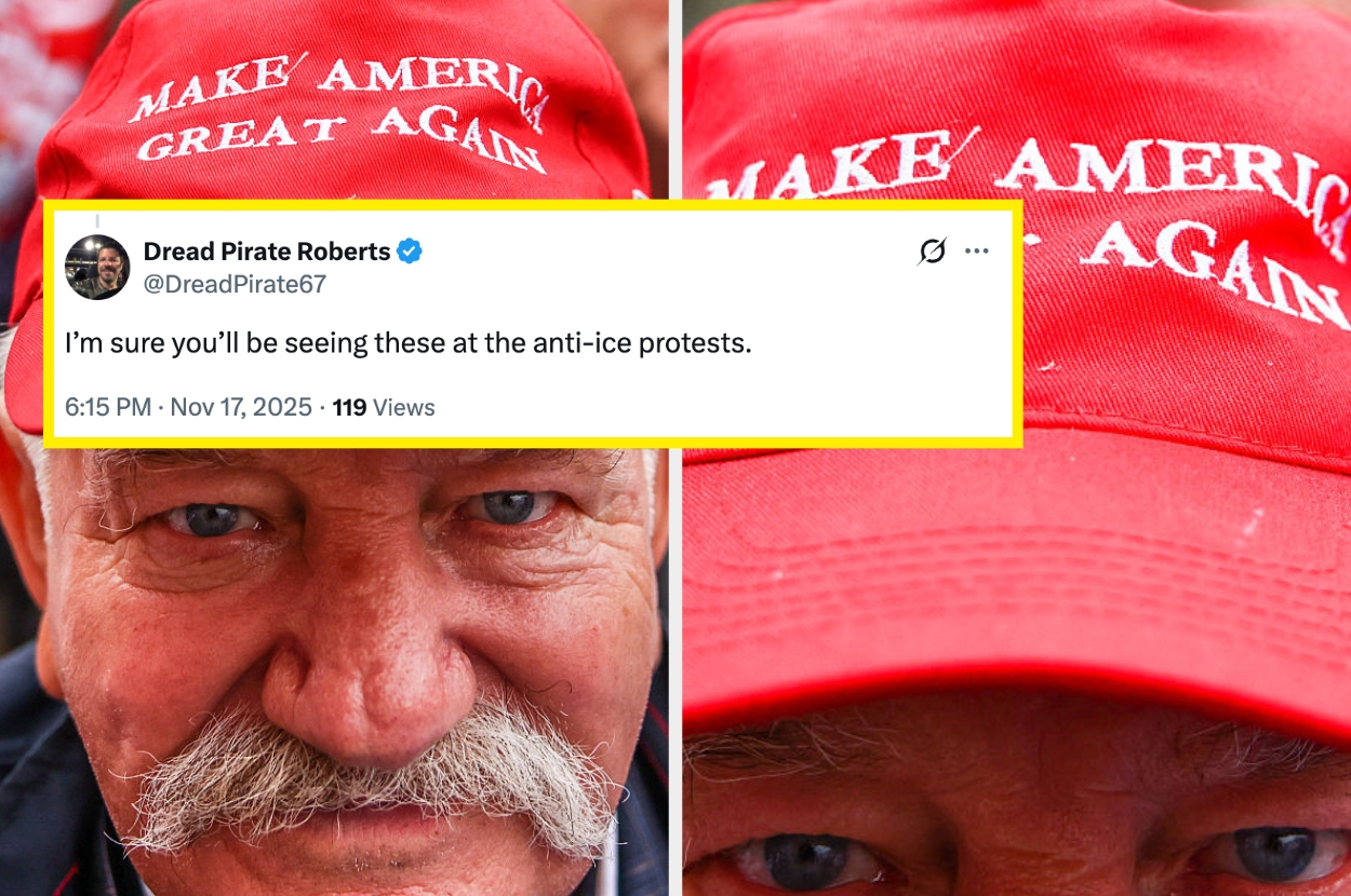 Close-up of a person wearing a "Make America Great Again" hat. Tweet reads: “I'm sure you'll be seeing these at the anti-ice protests.”