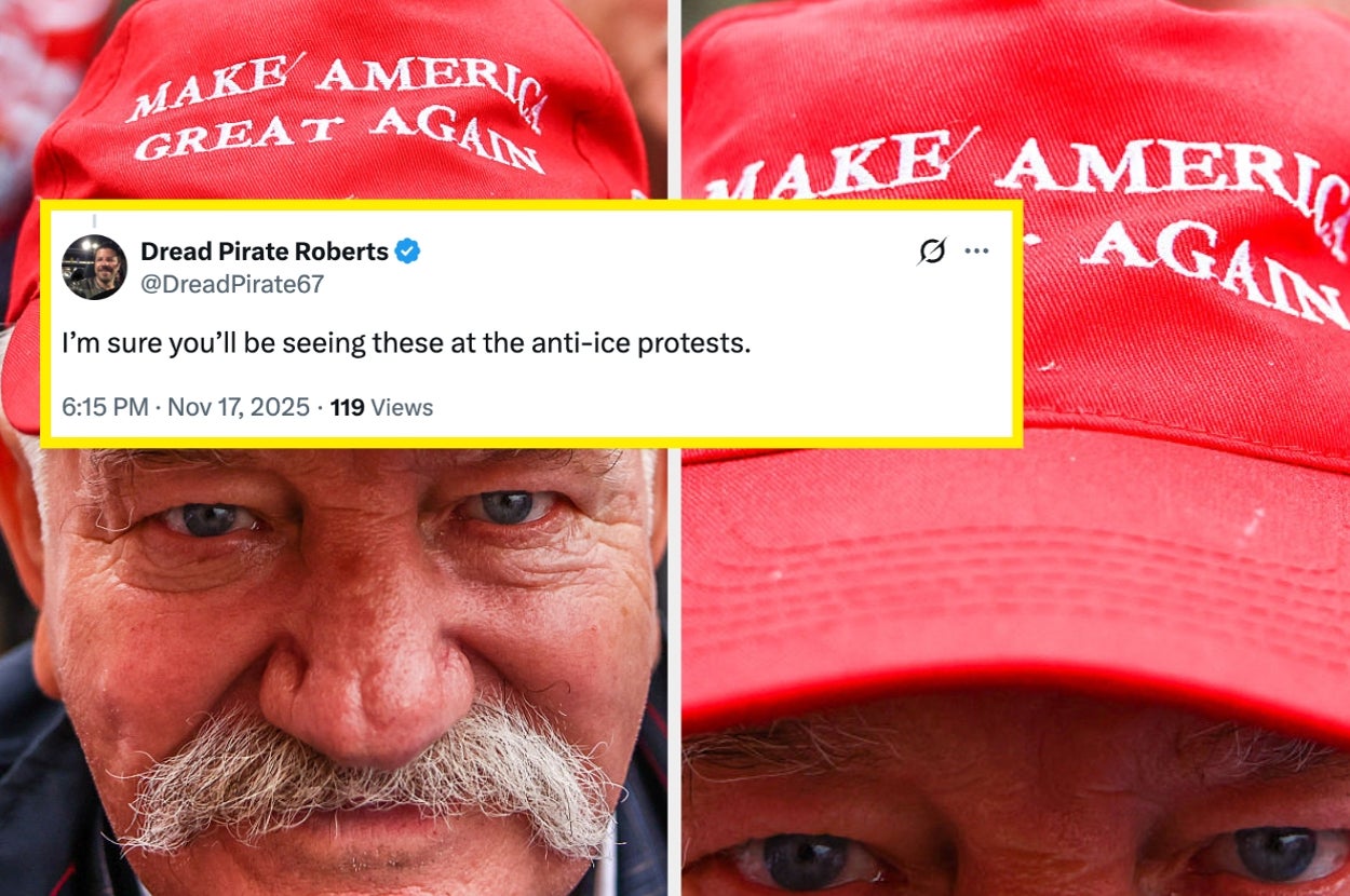 Close-up of a person wearing a "Make America Great Again" hat. Tweet reads: “I'm sure you'll be seeing these at the anti-ice protests.”