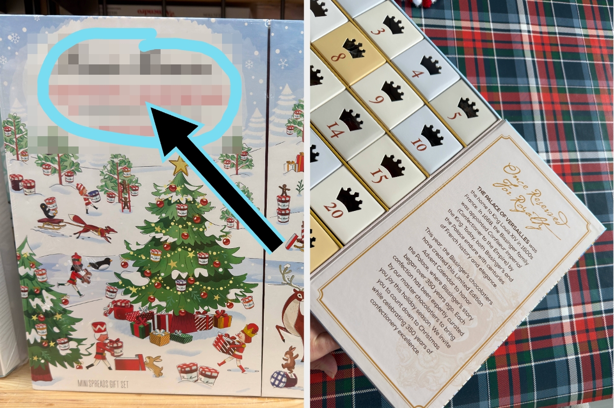 Two images: holiday-themed advent calendar box with blurred text and its open box showing numbered slots with crown symbols