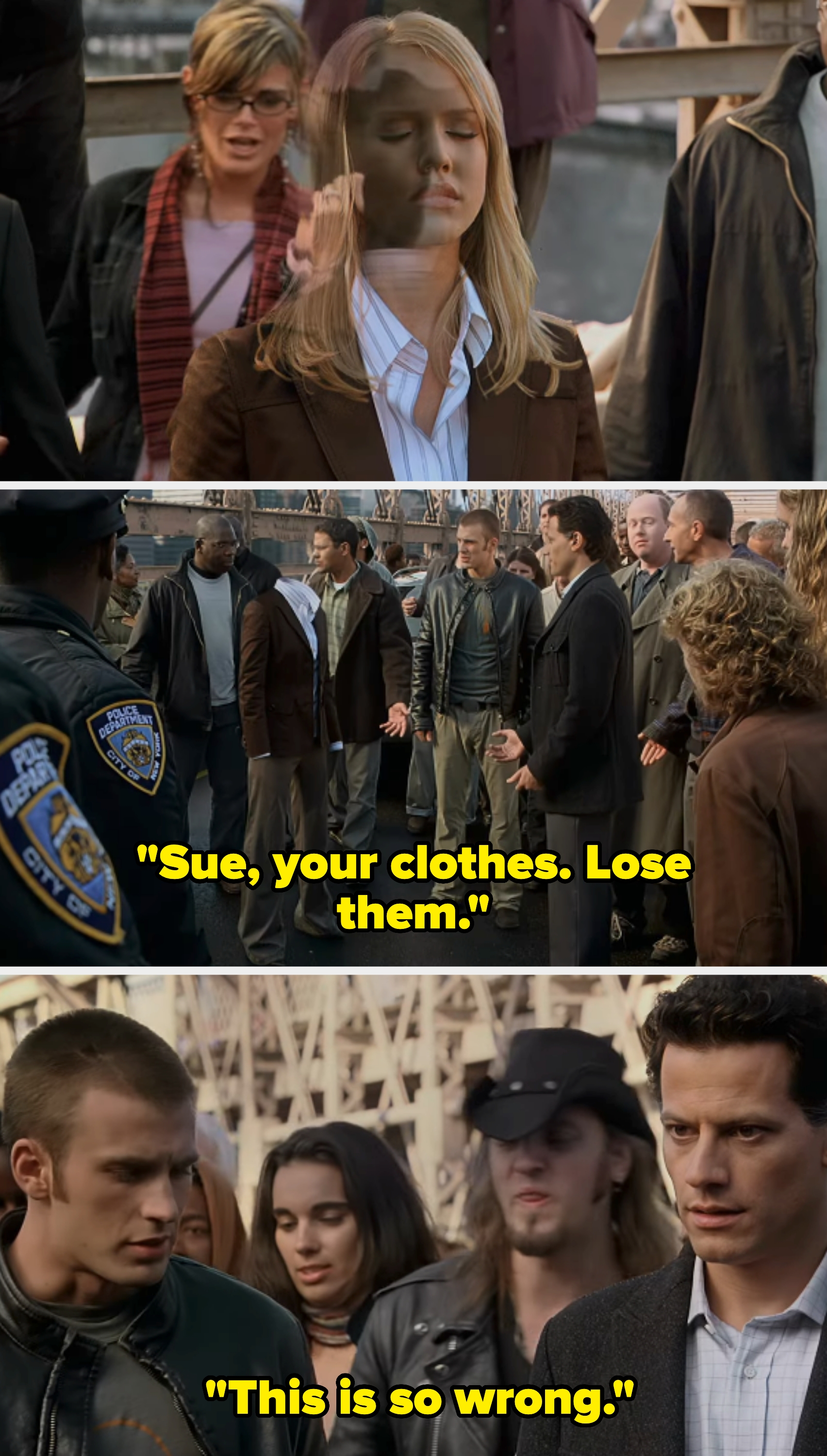 jessica alba with closed eyes is surrounded by people on a bridge.