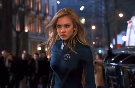 jessica alba in sleek superhero costume with "4" emblem, standing confidently on a city street at night