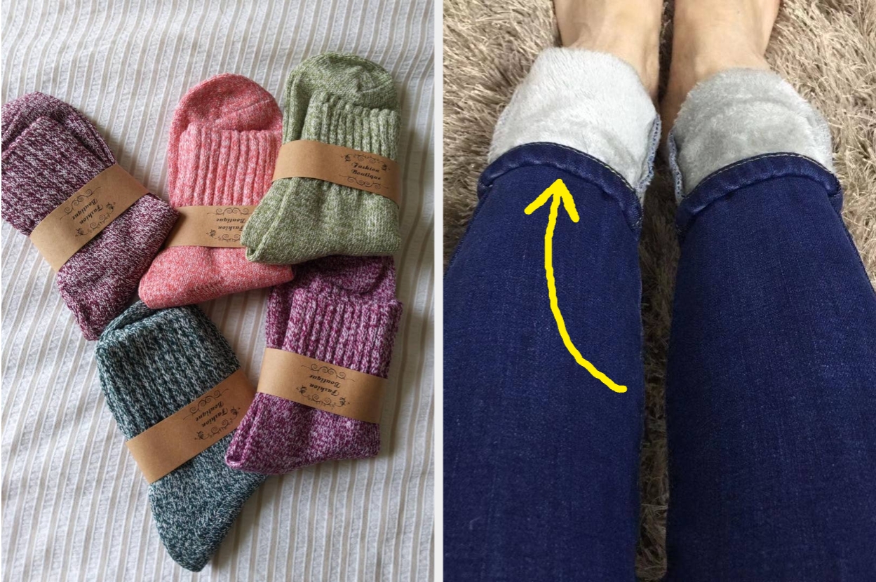 Several pairs of cozy, ribbed socks with a handwritten label on a bed, alongside a person wearing furry-lined jeans