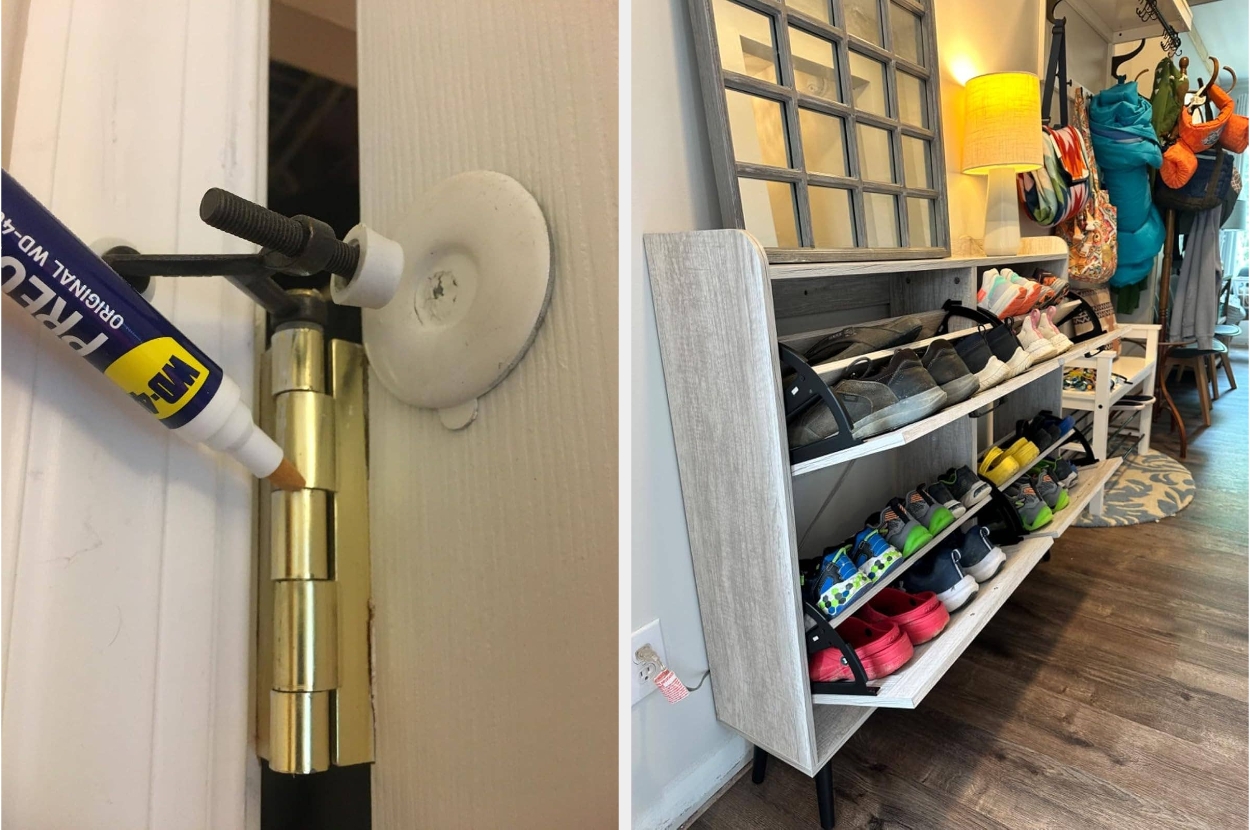 Left: Applying oil to a door hinge with a tube. Right: A shoe rack with various shoes and a lamp on top, next to hanging bags