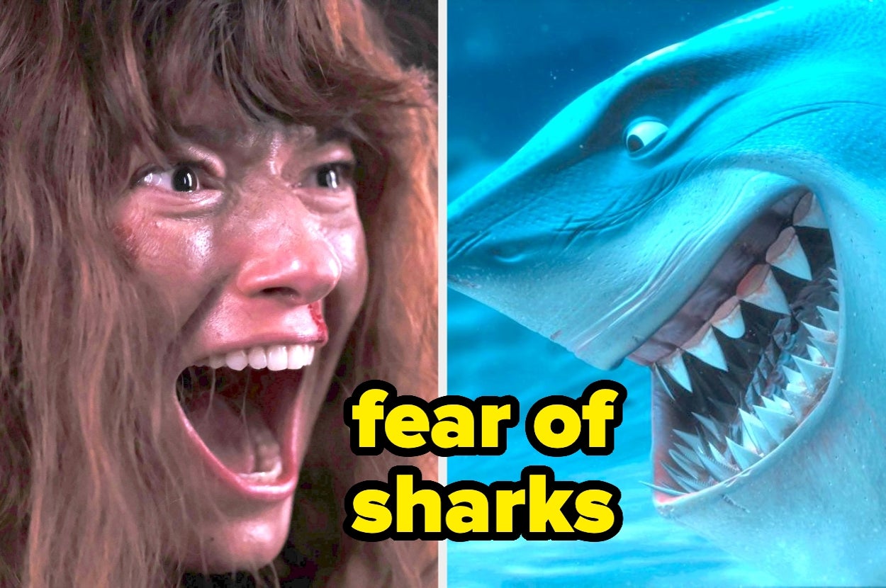 Split image: left shows a scared person with an open mouth; right shows an animated, smiling shark. Text: "fear of sharks."
