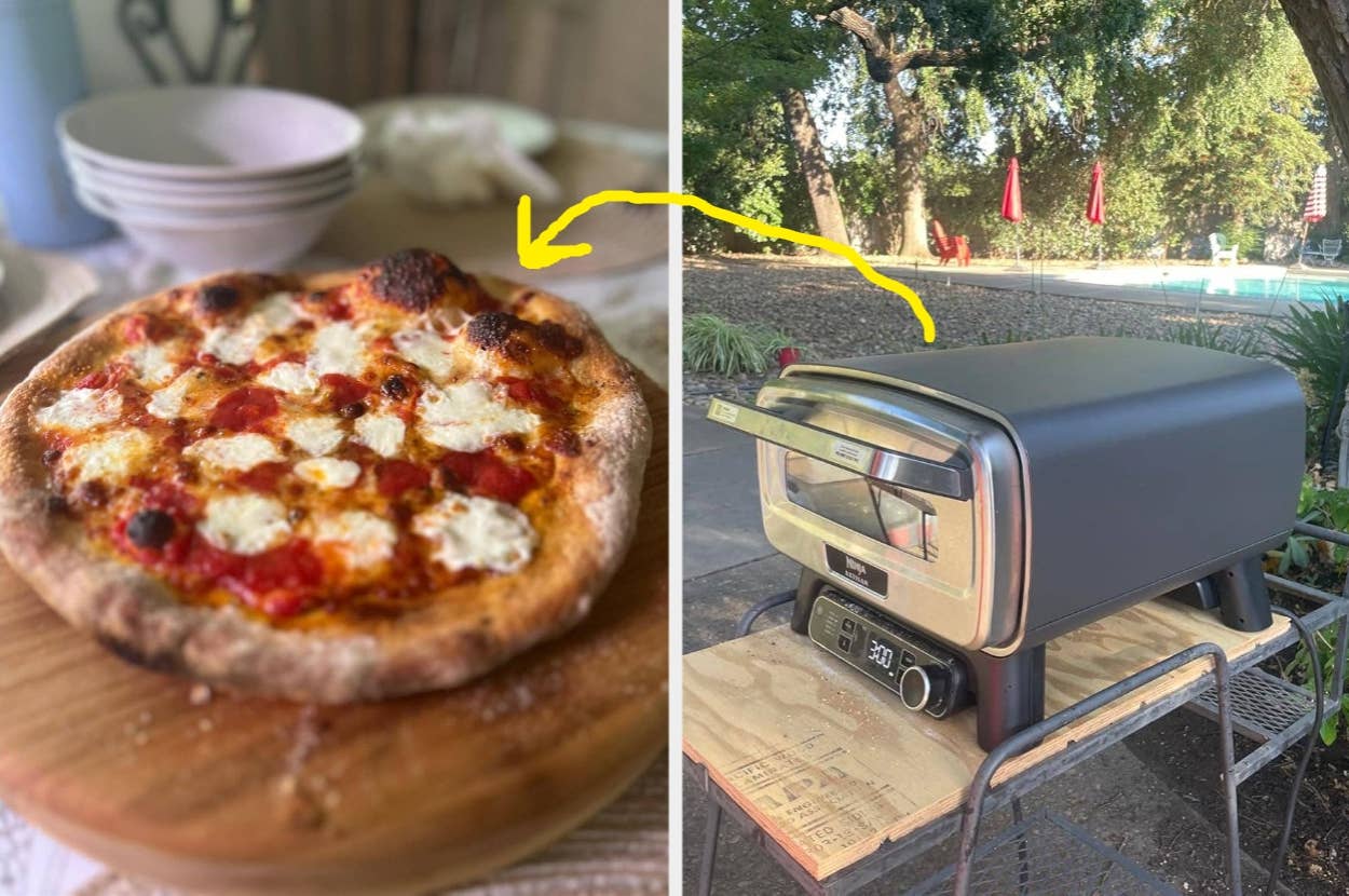 On the left, a homemade pizza on a wooden board; on the right, a portable outdoor pizza oven on a stand near a pool