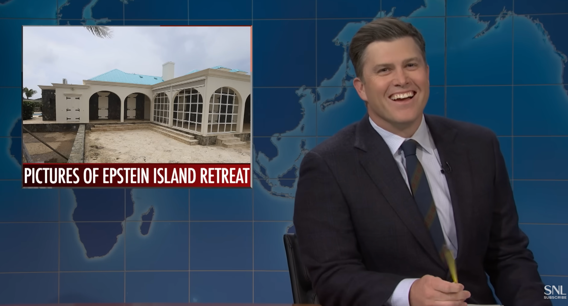 A news anchor, in a suit and tie, smiles on a TV show set with a graphic showing Epstein&#x27;s island retreat