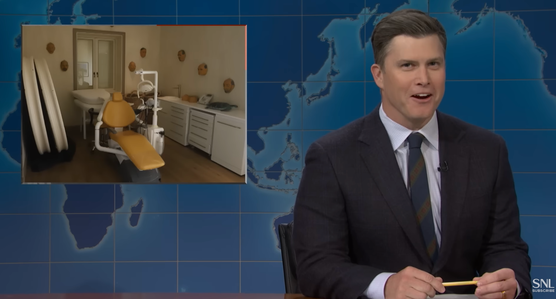 A news anchor sits at a desk with an image of a dental office displayed to their left