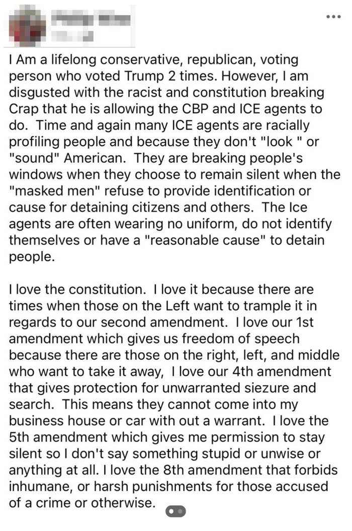 The text is a Facebook post expressing discontent with racial profiling in law enforcement, defending constitutional rights, and opposing masked men in businesses