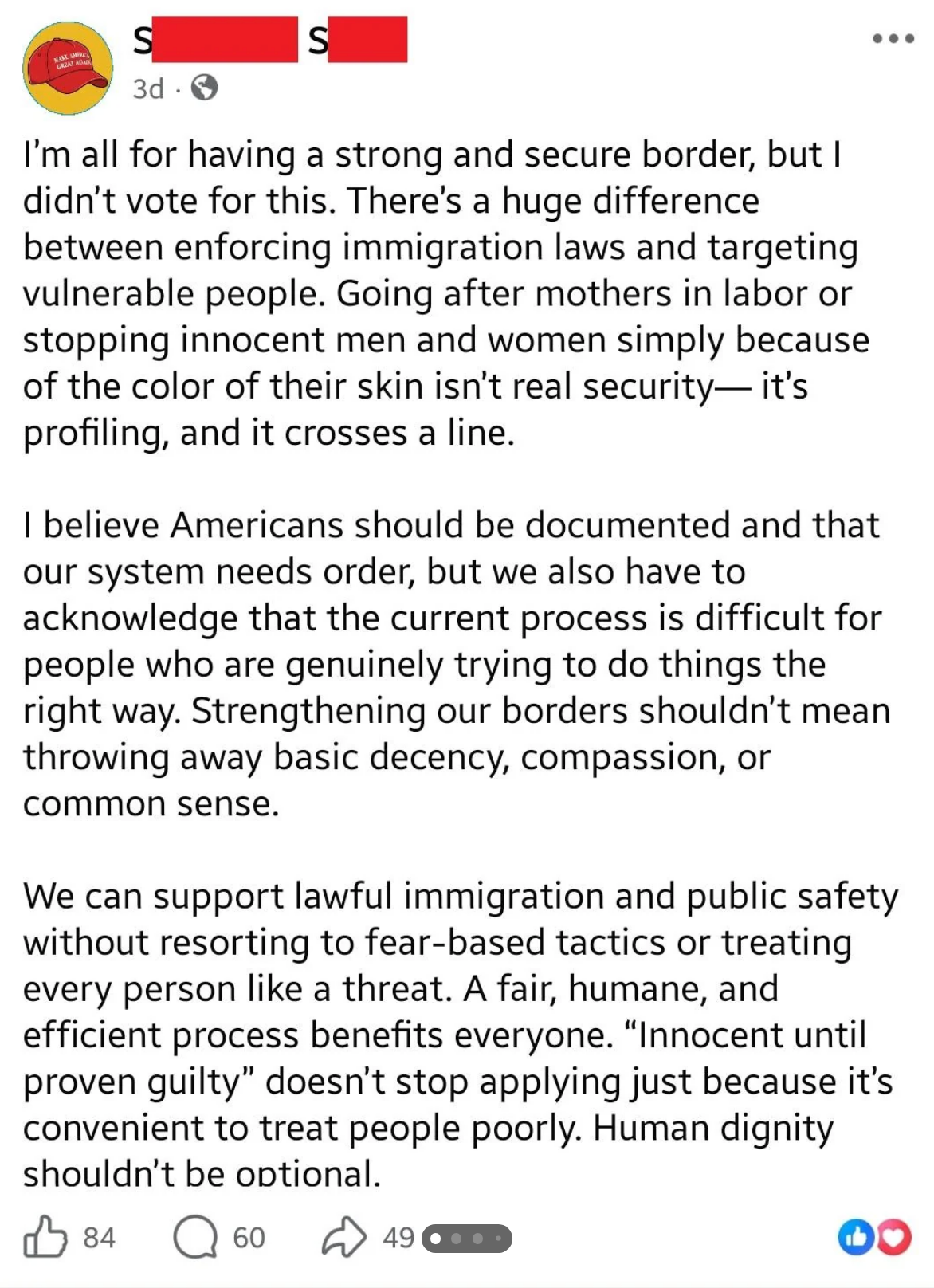 The post emphasizes the importance of security without racial profiling, humane treatment of immigrants, and supporting public safety with dignity