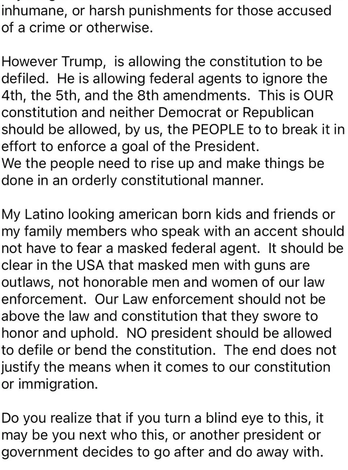 A text post expressing dissatisfaction with government actions, emphasizing constitutional rights and criticizing political leadership
