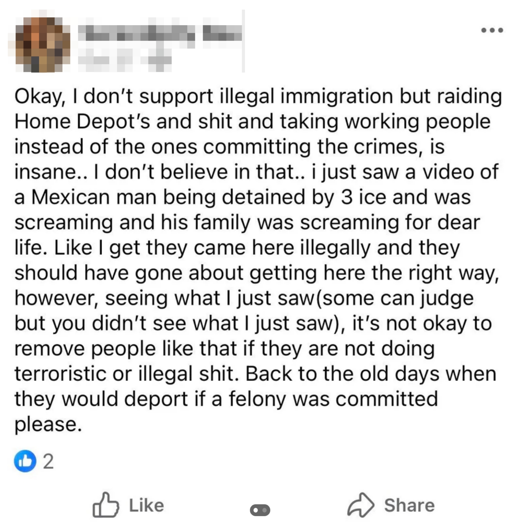 A Facebook post discusses the issue of illegal immigration, criticizing actions against Home Depot and mentioning a video of a family being detained