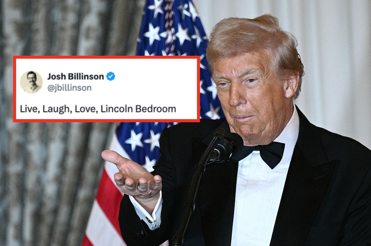 Person speaking at an event, gesturing with one hand. A tweet overlay reads: "Live, Laugh, Love, Lincoln Bedroom."