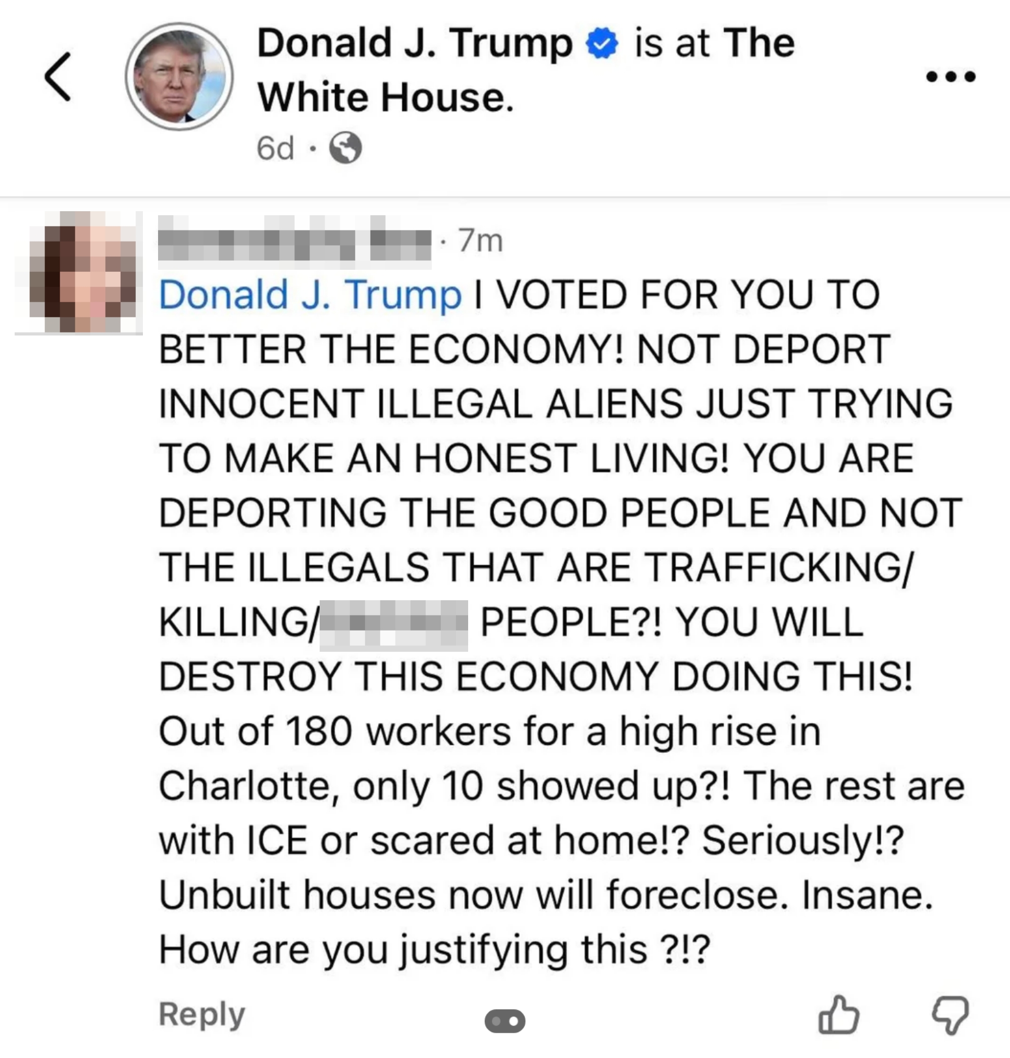 Facebook post showing a user&#x27;s comment criticizing immigration policies and their economic impact, addressed to Donald J. Trump