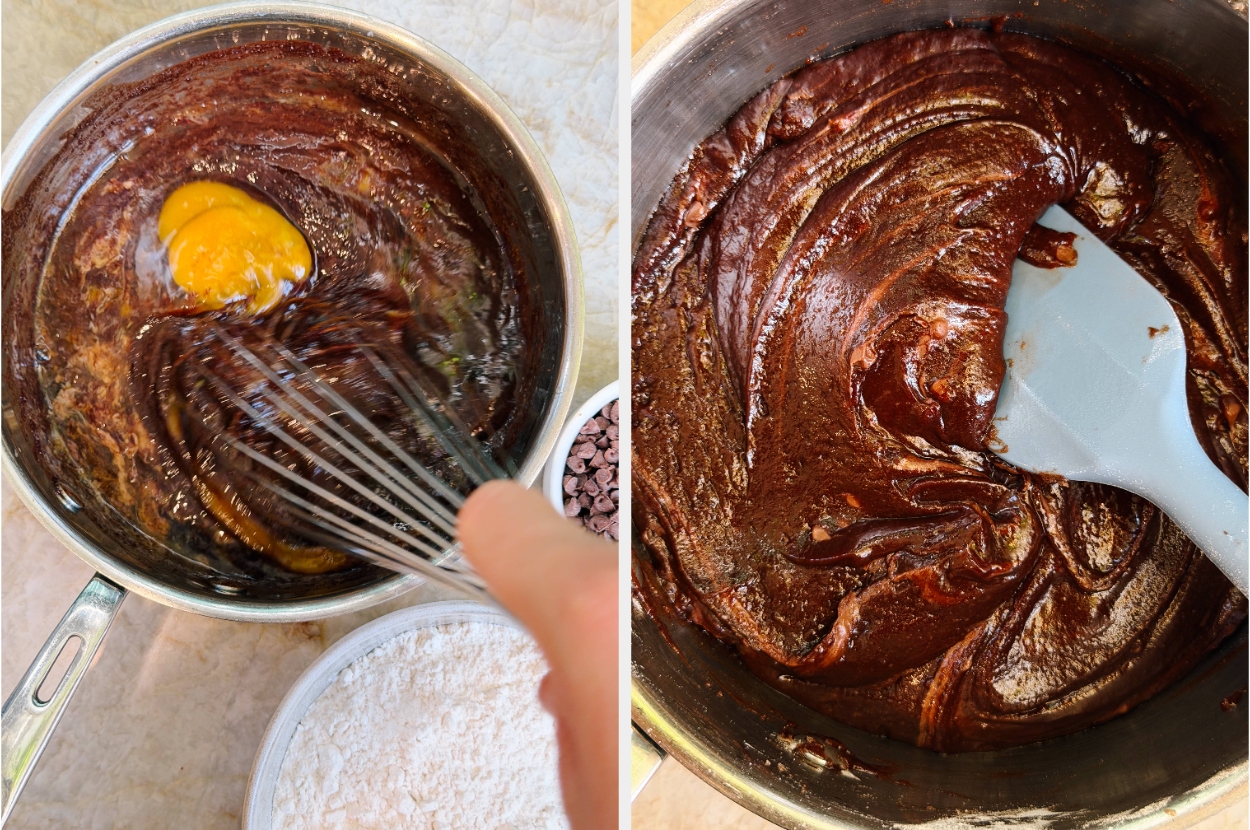 Left image shows whisk mixing egg into chocolate batter beside flour and chocolate chips; right image shows smooth chocolate batter with a spatula