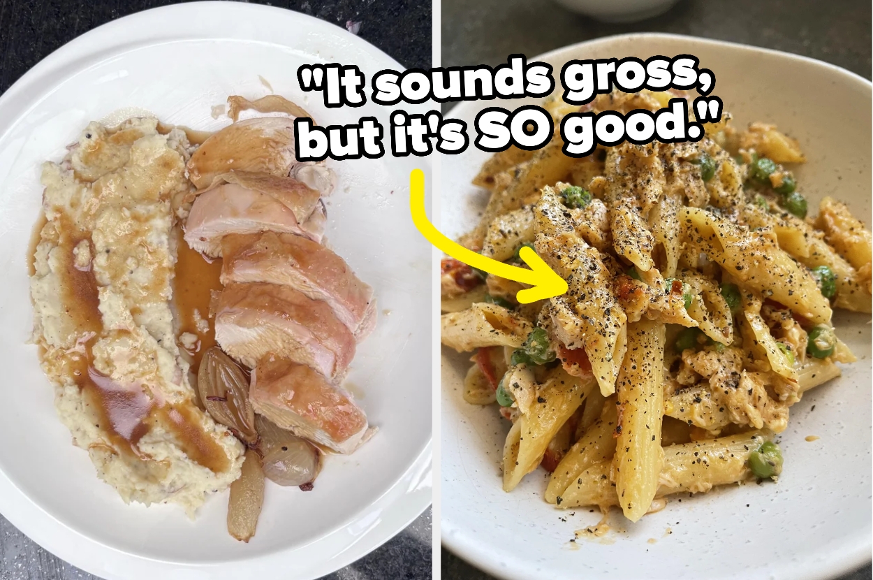 Sliced roast chicken with mashed potatoes and gravy next to creamy penne pasta with vegetables, text reads: "It sounds gross, but it’s SO good."