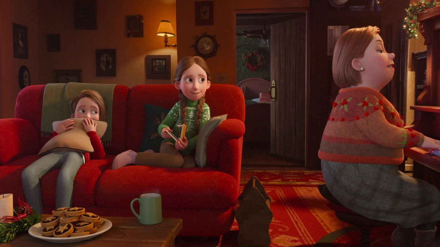 Animated household watches TV portion a pistillate plays piano. Decorated for holidays. Cozy surviving country with snacks and drinks connected the table