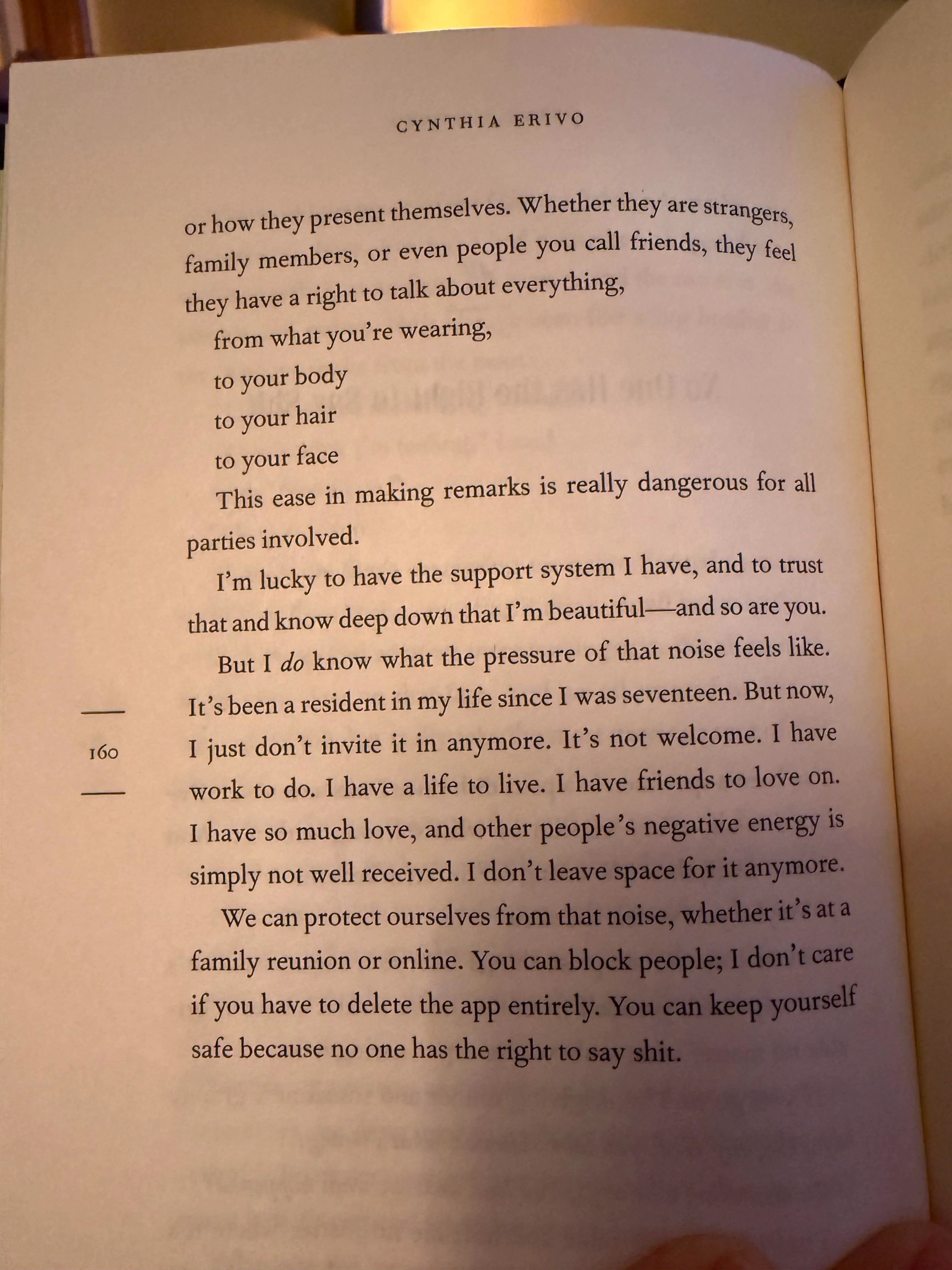 Summary of text from Cynthia Erivo&#x27;s book page: Discusses remote communication, personal experiences since age sixteen, and the importance of privacy in conversations