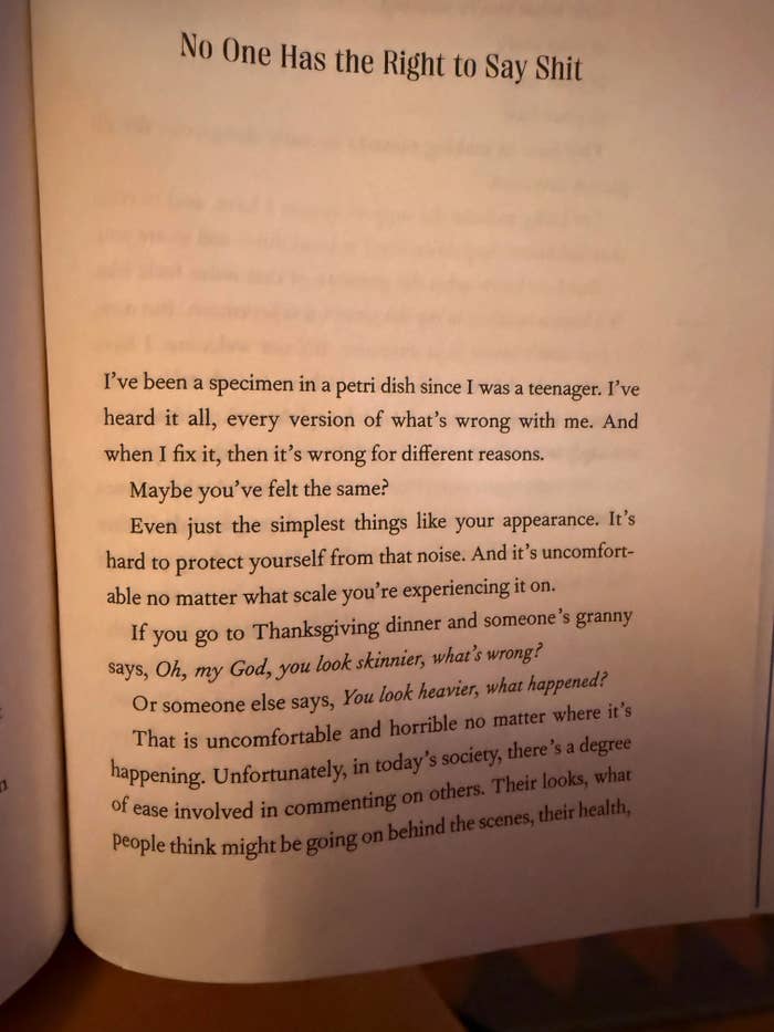 Page from a book discusses societal judgments on appearance and how unwanted comments affect self-perception