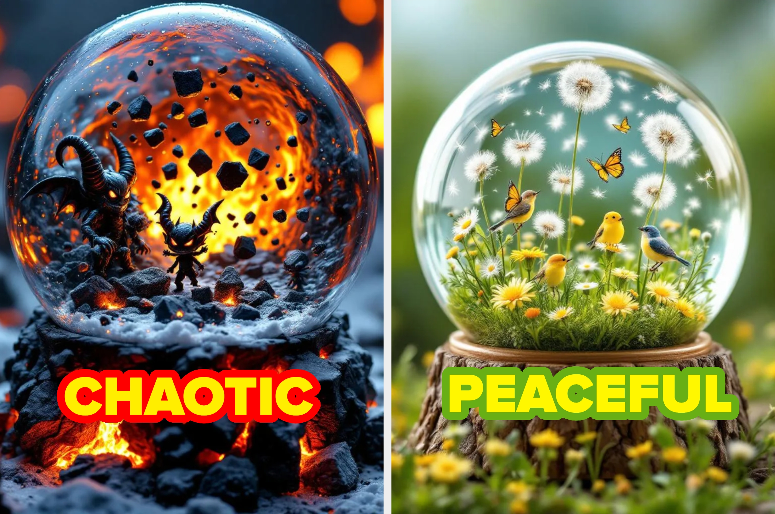 Left: A snow globe with a fiery, chaotic scene with rocks and a horned figure. Right: A snow globe with a serene garden scene with birds and butterflies