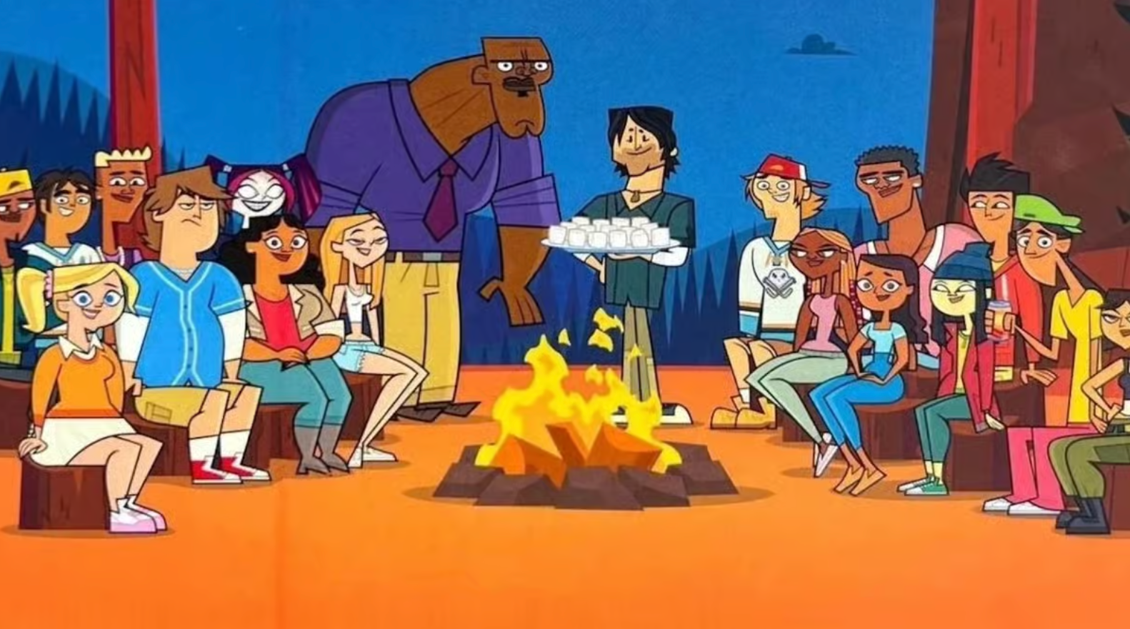 Animerte karakterer fra et TV-program sitter rundt et bål og hører på en programleder som holder marshmallows