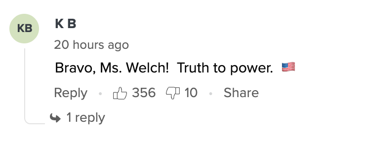 Comment reading: "Bravo, Ms. Welch! Truth to power. ??" with 356 likes, 10 dislikes, and an option to reply