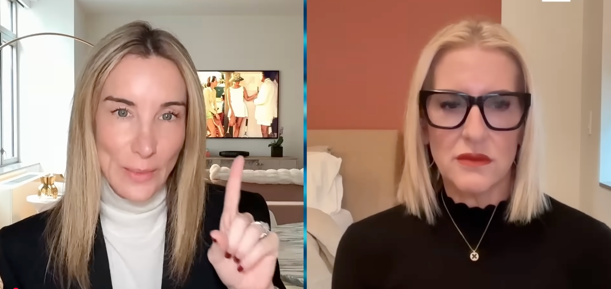 Two women in a split-screen video call; one is gesturing with her index finger, while the other listens attentively