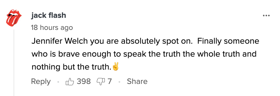 Comment by user "jack flash" praising Jennifer Welch for speaking the truth, with 398 likes and 7 replies