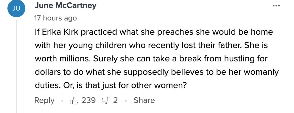 Comment by June McCartney questioning Erika Kirk's decision to work instead of staying home with her children after their father's death